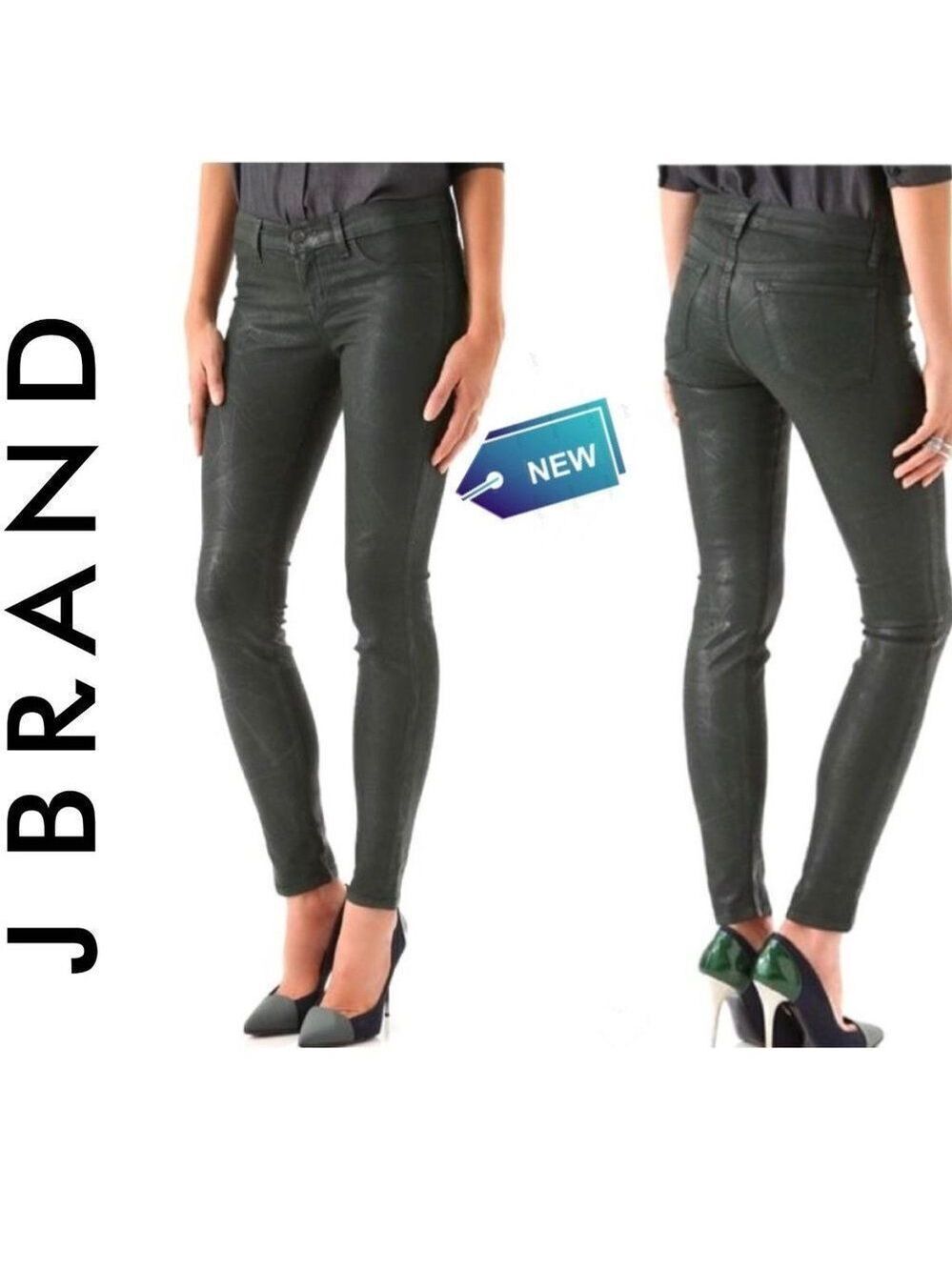 J Brand NWT Super Skinny Black Green Coated Jeans Sz 25